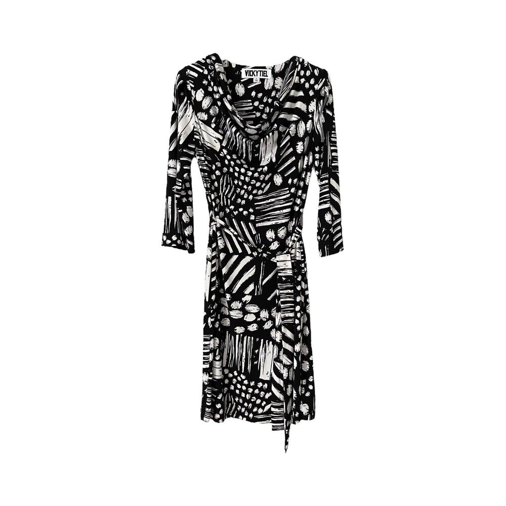 Vicky Tiel Black White Abstract Art Print Dress Size Small Cocktail Evening
